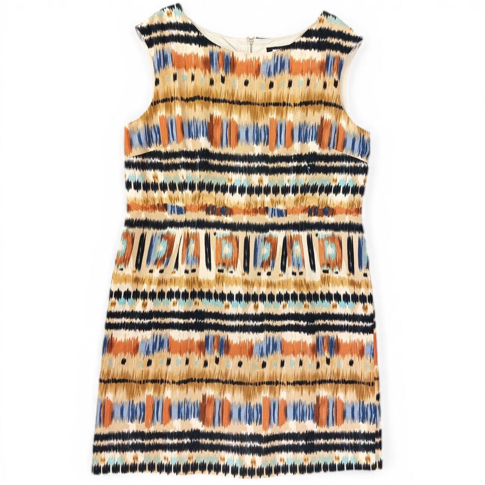 Tahari Dress Size 14 Aztec Ikat Print Sleeveless Sheath Linen Blend Lined
